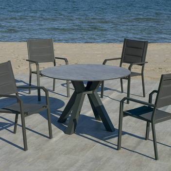Mesa ◯120 de aluminio y HPL [Valonia] de Hevea - Mesa circular de 120 cm para jardín, con tablero laminado HPL ultra resistente. Estructura de aluminio color blanco, antracita, champagne, plata, marrón o nude.