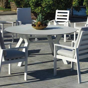Mesa ◯180 de aluminio y HPL [Sumatra] de Hevea - Mesa circular de 180 cm para jardín, con tablero laminado HPL ultra resistente. Estructura de aluminio color blanco, antracita, champagne, plata, marrón o nude.