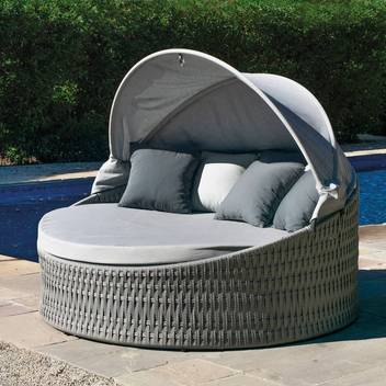 Cama doble con techo abatible [Tenerife] de Hevea - Cama gran lujo con techo abatible, para jardín. Cojines desenfundables. Hecha de aluminio y cuerda color gris.