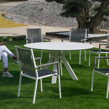Mesa ◯150 de aluminio y HPL [Valonia] de Hevea - Mesa circular de 150 cm para jardín, con tablero laminado HPL ultra resistente. Estructura de aluminio color blanco, antracita, champagne, plata o marrón.