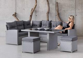 Rinconera 6 p de ratán + mesa + tabures [Vernis] de Hevea - Conjunto rinconera ratán sintético color gris para jardín: sofá 3 plazas brazo dcho. + sofá 3 plazas brazo izdo. + mesa comedor + taburetes + cojines a juego