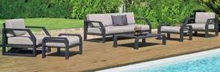 Sofa 3p + sillones + taburetes + mesa [Zafiro] de Hevea - Conjunto lujo de aluminio para jardín: 1 sofá de 3 plazas + 2 sillones + 1 mesa de centro + 2 reposapiés. Disponible en color blanco, antracita, champagne, plata, marrón o nude