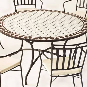 Mesa Mosaico Zaira-140 de Hevea - Mesa de acero forjado color bronce para jardín, con tablero mosaico circular de 140 cm.