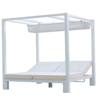Cama doble techo de aluminio o toldo retractil de Hevea - Cama doble para jardín, con techo de laminas de aluminio o toldo retractil. Doble respaldo multiposiciones independientes. Estructura de aluminio color blanco.