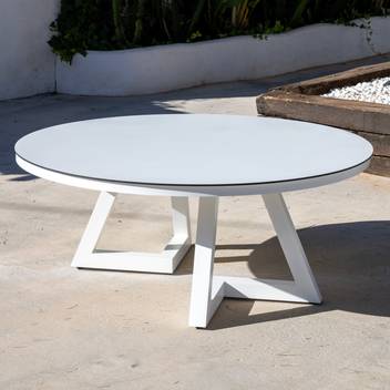 Mesa ◯ estructura de aluminio y tapa HPL [Gloris] de Hevea - Mesa redonda extra grande para jardín, con robustas patas de alumino y tablero laminado HPL ultra resistente. Disponible en varios colores.