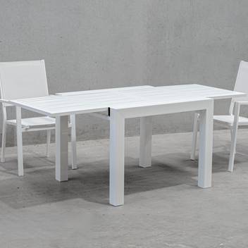 Mesa extensible ▢200 de aluminio y HPL [Mantua] de Hevea - Mesa cuadrada de 100 cm  extensible a 200 cm, con tablero HPL extra resistente. Estructura aluminio color blanco, antracita, champagne, plata, marrón o nude.