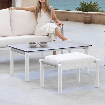 Mesa de centro ▯120 de aluminio y cuerda [Merlot] de Hevea - Mesa de centro rectangular para jardín, con tablero HPL de 120 cm. de ancho. Hecha de aluminio y cuerda en color blanco, antracita, champagne o marrón.