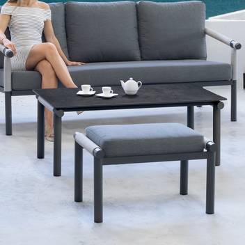 Mesa de centro ▯135 de aluminio y cuerda [Merlot] de Hevea - Mesa de centro rectangular para jardín, con tablero HPL de 135 cm. de ancho. Hecha de aluminio y cuerda en color blanco, antracita, champagne o marrón.