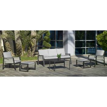 Sofá 3p+ sillones+mesa de aluminio-cuerda [Aldara] de Hevea - Conjunto aluminio y cuerda para jardín: 1 sofá de 3 plazas + 2 sillones + 1 mesa de centro + cojines. En color blanco o antracita.