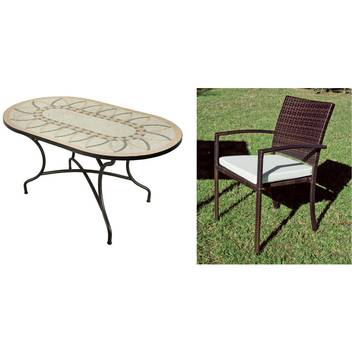Set mesa mosaico ⬯150 + 4 sillones de ratán [Bobh] de Hevea - Conjunto de forja color marrón para jardín: mesa con tablero mosaico ovalado de 150 cm + 4 sillones de ratán con opción de cojines.