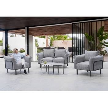 Set confort: sofá 2p + sillones + mesas [Brandon] de Hevea - Conjunto aluminio con cojines extra confort para interior o exterior: sofá de 3 plazas + 2 sillones + 1 mesa de centro + 2 reposapiés. Colores: blanco, antracita, marrón, nude, champagne o plata.