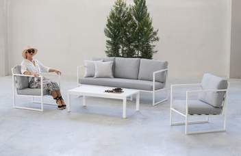 Set aluminio: sofá 3p + sillones + mesa [Cabana] de Hevea - Conjunto aluminio para jardín: 1 sofá 3 plazas + 2 sillones + 1 mesa de centro. Disponible en color blanco, antracita, champagne, plata, marrón o nude.