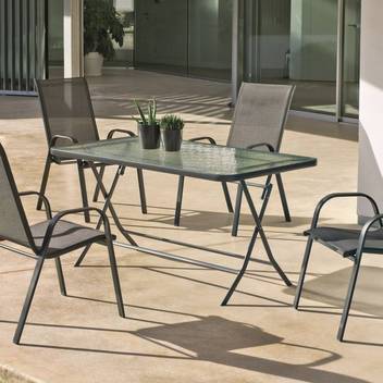 Mesa plegable ▯140 + 4 sillones textilen [Cordoba] de Hevea - Conjunto de acero color antracita para jardín: mesa de 140 cm. Con tapa de cristal templado + 4 sillones de acero y textilen