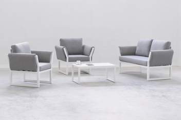 Set de aluminio: sofá 2p + sillones + mesa [Cupra] de Hevea - Conjunto de aluminio para jardín, con cojines en los brazos: sofá de 2 plazas + 2 sillones + 1 mesa de centro. En color: blanco, antracita, marrón, nude, champagne o plata.