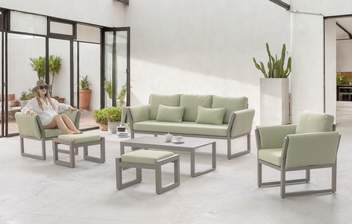 Set de aluminio: sofá 3p + sillones + mesa [Cupra] de Hevea - Conjunto de aluminio para jardín, con cojines en los brazos: sofá de 3 plazas + 2 sillones + 1 mesa de centro. En color: blanco, antracita, marrón, nude, champagne o plata.