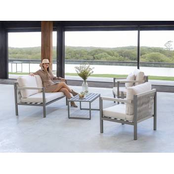 Sofá 2p + 2 sillones + mesa, aluminio [Damasco] de Hevea - Conjunto de aluminio y cuerda para exterior: 1 sofá de 2 plazas + 2 sillones + 1 mesa de centro. Disponible en varios colores.