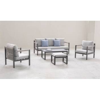 Sofá 3p + 2 sillones + mesa, aluminio [Damasco] de Hevea - Conjunto de aluminio y cuerda para exterior: 1 sofá de 3 plazas + 2 sillones + 1 mesa de centro. Disponible en varios colores.