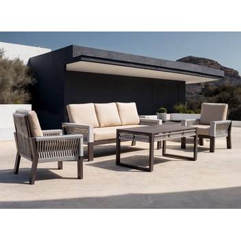 Sofá 3p + 2 sillones + mesa de aluminio [Estambul] de Hevea - Conjunto de aluminio para jardín: 1 sofá de 3 plazas + 2 sillones + 1 mesa de centro. Disponible en color blanco, gris, marrón o champagne.