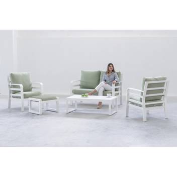 Conjunto sofá 2p + sillones + mesa [Kravi] de Hevea - Conjunto de aluminio  para jardín: 1 sofá de 2 plazas + 2 sillones + 1 mesa de centro. Disponible en color blanco, plata, marrón, nude, champagne o antracita.