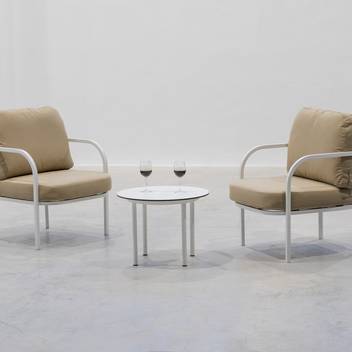 Conjunto: 2 sillones + mesa centro [Leblanc] de Hevea - Conjunto de aluminio para jardín: 2 sillones + 1 mesa de centro redonda. Estructura aluminio color blanco, antracita, champagne, plata, marrón o nude.