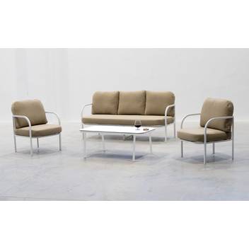 Conjunto: sofá 3p + sillones + mesa [Leblanc] de Hevea - Conjunto de aluminio para jardín: 1 sofá 3 plazas + 2 sillones + 1 mesa de centro. Estructura color blanco, antracita, champagne, plata, marrón o nude.