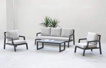 Set aluminio: Sofá 3p + 2 sillones + mesa [Leisa] de Hevea - Lujoso conjunto de aluminio para exterior: 1 sofá de 3 plazas + 2 sillones + 1 mesa de centro. Disponible en color blanco, antracita, champagne, plata, marrón o nude