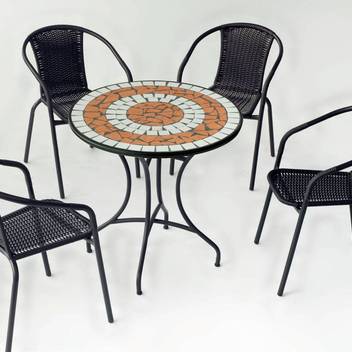 Set mesa mosaico ◯75 + 4 sillones [Malaga-Brasil] de Hevea - Conjunto para jardín o terraza: compuesto por una mesa de forja en color bronce con un tablero de mosaico de 75 cm de diámetro, y cuatro sillones apilables de wicker sintético.