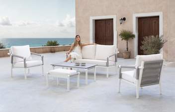 Conj. cuerda: sofá 2p + sillones + mesa [Merlot] de Hevea - Conjunto para exterior de aluminio y cuerda redonda en color blanco, antracita, champagne o marrón: 1 sofá de 2 plazas + 2 sillones + mesa de centro.