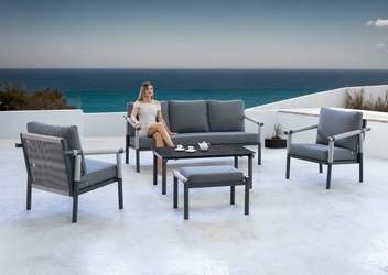 Conj. cuerda: sofá 3p + sillones + mesa [Merlot] de Hevea - Conjunto para exterior de aluminio y cuerda redonda en color blanco, antracita, champagne o marrón: 1 sofá de 3 plazas + 2 sillones + mesa de centro.