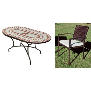 Set mesa mosaico ⬯150 + 4 sillones de ratán [Nebh] de Hevea - Conjunto forja color marrón para jardín: mesa con tablero mosaico ovalado de 150 cm y 4 sillones de ratán con opción de cojines.