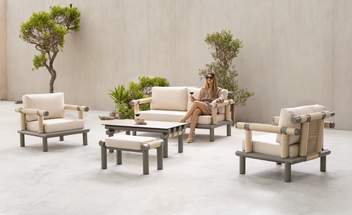 Lujoso conjunto: sofá 2p + sillones + mesa [Nusa] de Hevea - Lujoso conjunto para exterior de aluminio y cuerda redonda en color blanco, antracita, champagne o marrón: 1 sofá de 2 plazas + 2 sillones + mesa de centro.