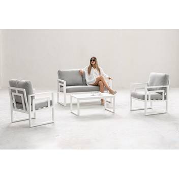 Conjunto sofá 2p + 2 sillones + mesa [Senia] de Hevea - Conjunto de aluminio: sofá 2 plazas + 2 sillones + 1 mesa de centro. Disponible en color blanco, antracita, champagne, plata, marrón o nude.