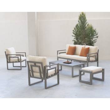 Conjunto sofá 3p + 2 sillones + mesa [Senia] de Hevea - Conjunto de aluminio: sofá 3 plazas + 2 sillones + 1 mesa de centro. Disponible en color blanco, antracita, champagne, plata, marrón o nude.