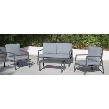 Conjunto sofá 2p + sillones + mesa [Senmary] de Hevea - Conjunto de aluminio para exterior: 1 sofá 2 plazas + 2 sillones + 1 mesa de centro. Disponible en color blanco, antracita, champagne, plata, marrón o nude.