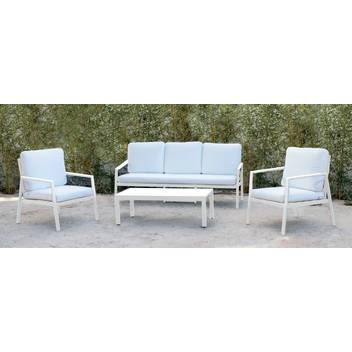 Conjunto sofá 3p + sillones + mesa [Senmary] de Hevea - Conjunto de aluminio para exterior: 1 sofá 3 plazas + 2 sillones + 1 mesa de centro. Disponible en color blanco, antracita, champagne, plata, marrón o nude.