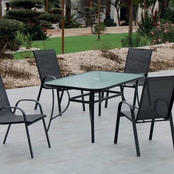 Conjunto mesa ▯150 + 4 sillones de acero [Sulam] de Hevea - Conjunto de acero color antracita, para jardín o terraza: mesa de 150 cm. con tapa de cristal templado y 4 sillones de acero