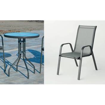 Conjunto mesa ◯60 + 2 sillones de acero [Sulam] de Hevea - Conjunto de acero color antracita, para jardín o terraza: mesa redonda de 60 cm. con tapa de cristal templado y 2 sillones de acero y textilen