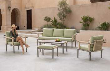 Conj. cuerda: sofá 3p + sillones + mesa [Urbia] de Hevea - Conjunto para jardín de aluminio y cuerda redonda de color blanco, antracita, champagne o marrón: 1 sofá de 3 plazas + 2 sillones + mesa de centro.