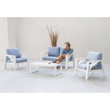 Sofá 2p + 2 sillones + mesa de aluminio [Venus] de Hevea - Conjunto lujoso y robusto de aluminio para exterior: 1 sofá de 2 plazas + 2 sillones + 1 mesa de centro. Disponible en color blanco, antracita, champagne, plata, marrón o nude.