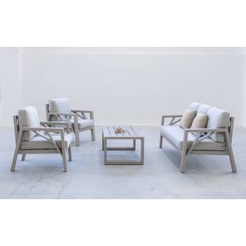 Sofá 3p + 2 sillones + mesa de aluminio [Venus] de Hevea - Conjunto lujoso y robusto de aluminio para exterior: 1 sofá de 3 plazas + 2 sillones + 1 mesa de centro. Disponible en color blanco, antracita, champagne, plata, marrón o nude.
