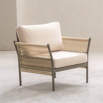 Sillón confort de aluminio y cuerda [Celina] de Hevea - Sillón relax para jardín, con cojines desenfundables. Estructura de aluminio color blanco, antracita o champagne recubierta de cuerda redonda