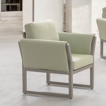 Sillón de aluminio con brazos acolchados [Cupra] de Hevea - Sillón relax para jardín de alumino, con cojines en los brazos. En color: blanco, antracita, marrón, nude, champagne o plata.