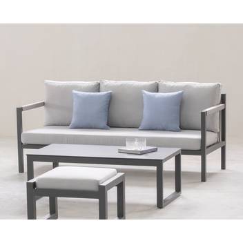 Sofá 3p de aluminio y cuerda de jardín [Damasco] de Hevea - Sofá relax 3 plazas con cojines desenfundables para exterior. Fabricado de aluminio y cuerda. Colores: blanco, gris, marrón o champagne.