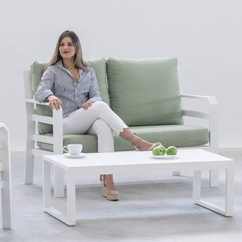Sofá dos plazas de aluminio para jardín [Kravi] de Hevea - Sofá relax de dos plazas para exterior, con cojines confort desenfundables. Estructura aluminio color blanco, plata, marrón, nude, champagne o antracita.