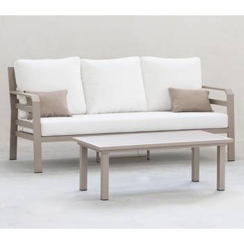 Sofá tres plazas de aluminio para jardín [Kravi] de Hevea - Sofá relax de tres plazas para exterior, con cojines confort desenfundables. Estructura aluminio color blanco, plata, marrón, nude, champagne o antracita.