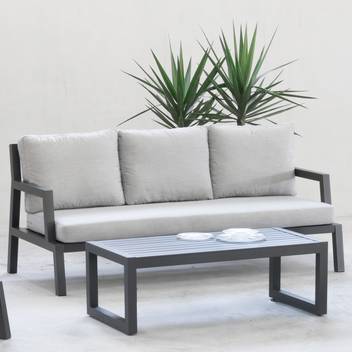 Sofá 3 plazas de aluminio para exterior [Leisa] de Hevea - Confortable sofá 3 plazas para jardín de alumnio, con cojines desenfundables. Disponible en color blanco, antracita, champagne, plata, marrón o nude.