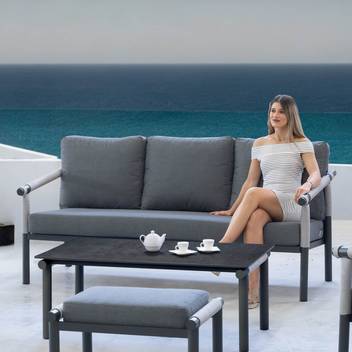 Sofá 3 plazas de aluminio y cuerda [Merlot] de Hevea - Sofá relax 3 plazas con cojines desenfundables para exterior. Estructura de aluminio color blanco, antracita, champagne o marrón recubierta de cuerda redonda