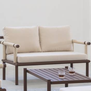 Sofá 2 plazas de aluminio y cuerda [Urbia] de Hevea - Sofá relax 2 plazas con cojines desenfundables para jardín. Estructura de aluminio recubierta de cuerda redonda. Disponible en color blanco, antracita, champagne o marrón.