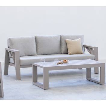 Sofá 3 plazas de aluminio para eterior [Venus] de Hevea - Sofá 3 plazas para jardín, lujoso y robusto, de alumnio, con cojines  desenfundables. Disponible en color blanco, antracita, champagne, plata, marrón o nude.