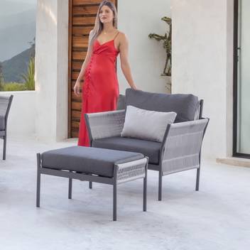 Taburete de aluminio y cuerda para jardín [Celina] de Hevea - Taburete/Reposapiés con cojín. Estructura de aluminio recubierta de cuerda redonda. Disponible varios colores.